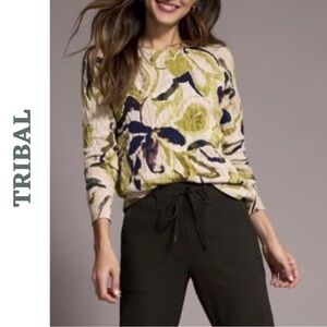 Tribal Cotton Cable Knit Floral Sweater Large